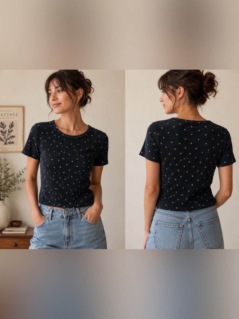 Vintage Pilsse Black Polka Dot Ribbed Short-Sleeve Tee